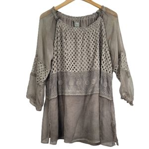 John Mark cottage core lace chiffon peasant top
